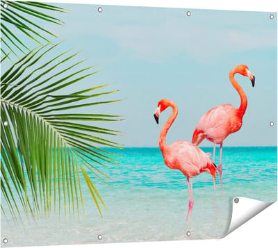 Gards Tuinposter Twee Flamingo's in het Water - 120x90 cm - Tuindoek - Tuindecoratie - Wanddecoratie buiten - Tuinschilderij