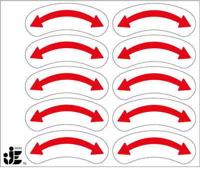 Links- en rechtswijzende draairichtingspijl stickers - rood wit - op vel | 7,5 x 3 cm - 10 stickers per vel