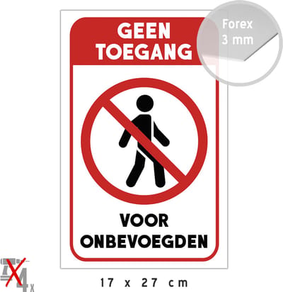 Pictogram/ bord | "Geen toegang voor onbevoegden" | 17 x 27 cm | Privé | Privaat | Kunststof | CCTV | No entry | Rood/ wit | Poort | Deurbord | Privé domein | 1 stuk