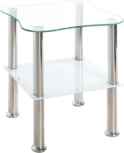 Stijlvolle Bijzettafel RVS en Wit Glas 40x40x47 cm - Modern Woonkamerkastje