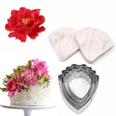 4 stuks - Pioenbloem afdrukmal - Plastic fondant taartmal - Bakgereedschap - Roestvrijstalen koekjesmal - Pioenroospatroon - Icing bloemblaadjes snijmal - Metalen koekjesmal - Geschikt voor bakken, thuisgebruik en fondanttaarten