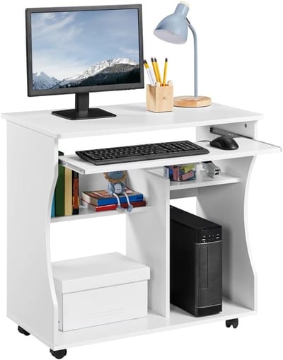 Computerbureau met Wielen - Bureau met Uittrekbaar Toetsenbordblad en 4 Opbergvakken - Compact Werkbureau voor Thuiswerkplek, Kantoor en Studeerkamer - PC Bureau - Computertafel - Wit