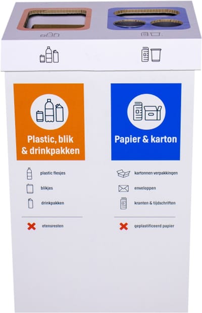 Kartonnen eco bin twee vakken - Restafval & plastic/drinkpakken - 60 L prullenbak | Andere bedrukking mogelijk - Kartent