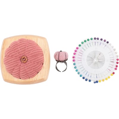 Naaldenkussen Kit Schattige Pompoenvorm Naaldenkussen Houten Basis met Vingerring Naaldenkussens Naaialden voor Doe-het-zelf Knutselen Pink white