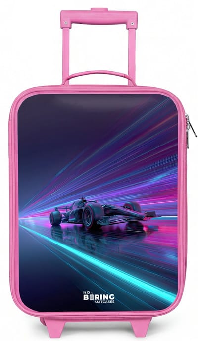 NoBoringSuitcases.com® - Kinderkoffer roze - Kindertrolley meisje - Neon - Raceauto - Lichtstrepen - Paars - Koffer kind lichtgewicht - Reiskoffer trolley voor kinderen - Koffertje met lichtgevende wieltjes - Rolkoffer