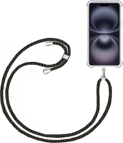 Telefoonkoord + Hoesje Geschikt voor Apple iPhone 16 - Lengte Verstelbaar - Telefoonketting - Shock Proof Case - Zwart