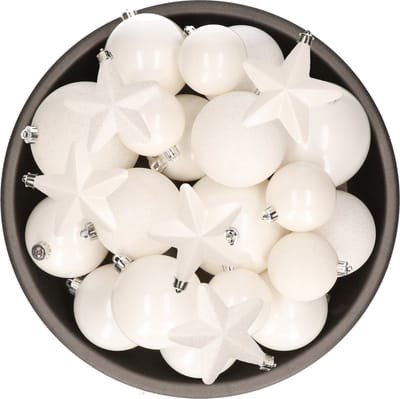 Kerstballen en sterren ornamenten - set 32x stuks - kunststof - wit