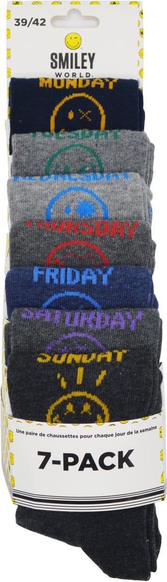 SmileyWorld® - 7-PACK - Sokken - Happy faces socks - 7 paar - hoogwaardige katoen - assortiment grijs/blauw - maat 43/46