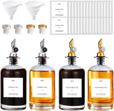 Famanu - Olijfolie Dispenser Fles, 4pcs Oliefles, Azijn en Olieflessen 500ml, Glazen Flessen Oliedispenser met Trechter Sausfles Karaf Olie Olijfolie Tuit, Olijfolie Fles Glas Koffie Siroop Dispenser