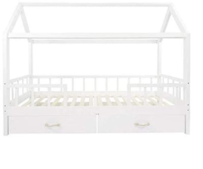 Huisbed 200 x 90 cm - Wit Kinderbed met Dak, Afneembare Valbeveiliging en Laden