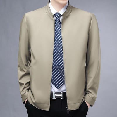 Vader Jurk Opstaande Kraag Jas Rits Shirt voor Mannen Lente en Herfst Nieuw Middenjarige Mannen Zakelijk Casual Effen Kleur Jas 195 gray