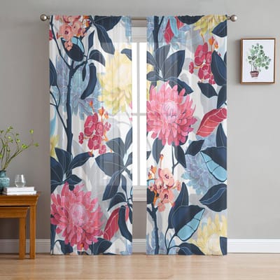 Kleurrijke chrysantenbloem gordijnen voor de woonkamer, raamgordijnen van tule, voile en organza voor de keuken. W135 x H115cm x1 black