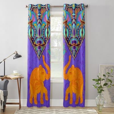 Indisch patroon met olifanten raamgordijnen voor woonkamer keuken moderne gordijnen huisdecoratie jaloezieën draperieën 135W x 60H(cm) x1 blue