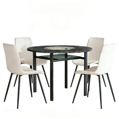 Eettafel 4 Stoele Set 100x100x76 cm Ronde Eettafel Bruin Zwart Wit MDF Metaal PU Leer Comfortabele Zittingen Modern Minimalistisch Voor Woonkamer
