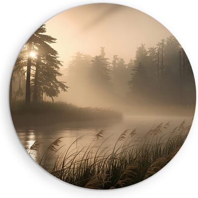 Saammp Muurcirkel Hout - Water bij mistig Landschap - Natuur - Ø 90 - Wandcirkel - Wanddecoratie Cirkel - Muurdecoratie Woonkamer - Slaapkamer decoratie - Rond Schilderij