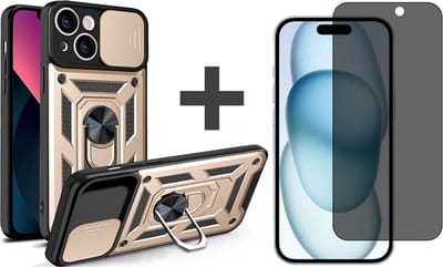 Hoesje met Privacy screenprotector Geschikt voor iPhone 15 Plus met Ringhouder en Camera schuifje - Arara backcover - Goud