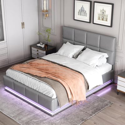 Gestoffeerd Tweepersoonsbed - Opbergbed Led - Moderne Slaapkamer - Hydraulisch Hefmechanisme - 140x200cm - Grijs