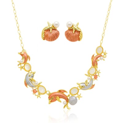 Rood Blauw Goudkleurige Ketting en Oorbellen Set – Milieuvriendelijke Legering met Schelp, Zeester & Dolfijn Ontwerp en Parelaccenten