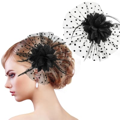 Dailygoods- Haarclip Bloem - Vintage Fascinator - Hoofddeksel met Veren - Zwart - Jaren 20 - Geschikt voor Bruiloft