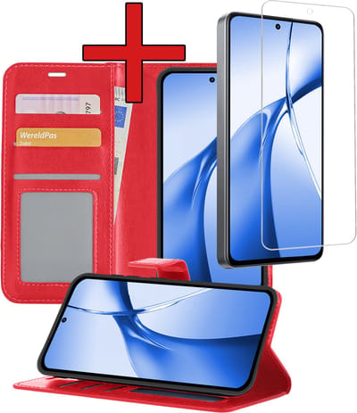 Hoesje - Met Screenprotector - Geschikt voor OnePlus Nord CE4 - Luxe Pasjeshouder - Flipcase - Bookcase Portemonee - Flip Case - Kunstleer Book Case - Book Cover - Walletcase - Portemonneehoes - Telefoonhoes - Rood