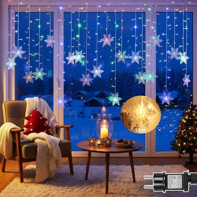 MUPOO Sneeuwvlokken Lichtgordijn Kerstverlichting Kleurrijk -Ijspegel kerst Gordijnverlichting 1,8 Meter - 12 cm grote sneeuwvlok - 8 Modi - Timer- KerstLichtslinger -sfeerverlichting binnen Buiten
