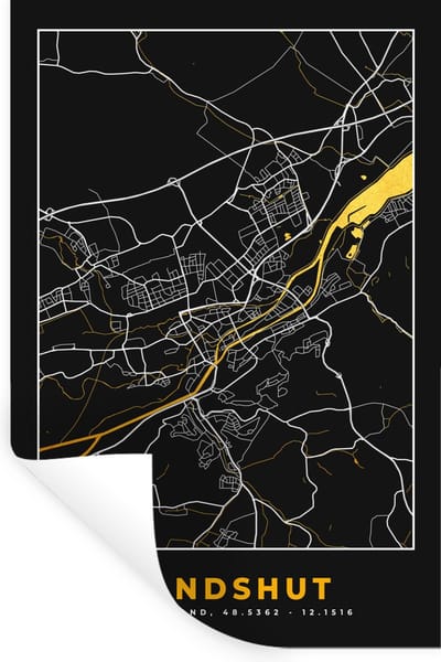 Muurstickers - Sticker Folie - Black and Gold – Stadskaart – Landshut – Duitsland – Plattegrond – Kaart - 20x30 cm - Plakfolie - Muurstickers Kinderkamer - Zelfklevend Behang - Zelfklevend behangpapier - Stickerfolie
