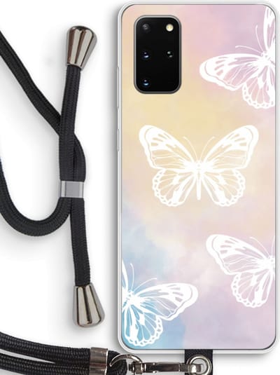 Case Company® - Hoesje met koord geschikt voor Samsung Galaxy S20 Plus hoesje met Koord - White butterfly - Telefoonhoesje met Zwart Koord - Bescherming aan alle Kanten en Over de Schermrand