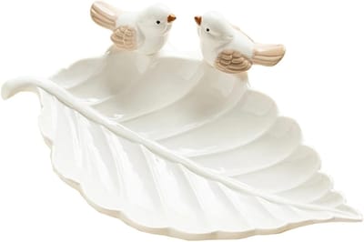 Sieradendoosje Keramiek - Ringhouder Dienblad - Sieraden Opbergen - Bladvorm Design - 20 cm Lengte - Wit