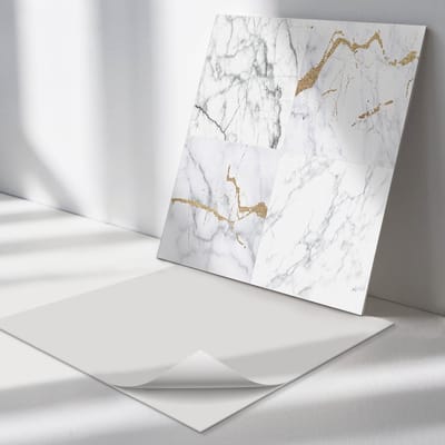 Wallfluent Vinyl Tegels - Marmerpatronen met Aderen Zelfklevende Vinyl Tegels - 30 cm x 30 cm - Wit Vinyl Tegels - Set van 9 - Vierkant PVC Tegels - Texturen Plaktegels - Vloer Tegels PVC - Plaktegels Keuken en Badkamer