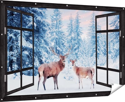 Gards Tuinposter Doorkijk Twee Herten in het Bos met Sneeuw - 180x120 cm - Tuindoek - Tuindecoratie - Wanddecoratie buiten - Tuinschilderij