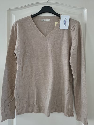Dames warme trui Alida-V-hals-fijngebreid-effen taupe-lange mouwen-maat M/L