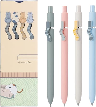 Famanu 4 stuks schattige kat intrekbare gelpennen, sneldrogende rollerball met zwarte inkt en fijne punt, gel-inktpen voor soepel schrijven