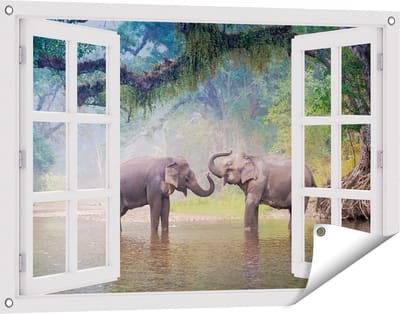 Gards Tuinposter Doorkijk Twee Olifanten in het Water - 90x60 cm - Tuindoek - Tuindecoratie - Wanddecoratie buiten - Tuinschilderij