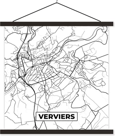 Posterhanger incl. Poster 60x60 cm - Schoolplaat - Kaart – Plattegrond – Stadskaart – Verviers – België – Zwart Wit - Textielposter - Zwarte latten - Stadskaart