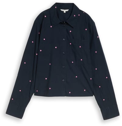 Tom Tailor Denim - Boxy fit overhemdblouse met borduursels - Maat XXL - navy pink heart embroidery
