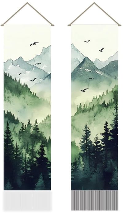Dailygoods- Wandtapijt Set van 2 - Natuurlijke Landschappen - Bergbos Patroon - Verticaal - Muurdecoratie - 30 x 150 cm - Muurtapijt