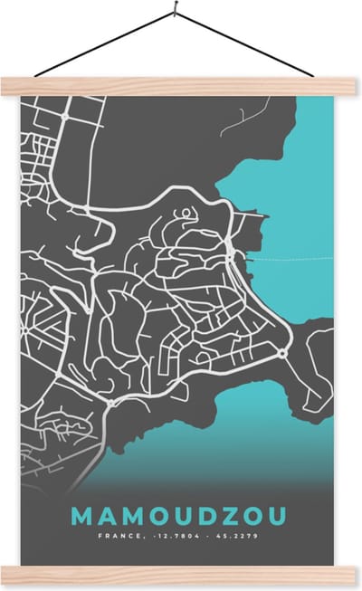 Posterhanger incl. Poster 40x60 cm - Schoolplaat - Frankrijk - Stadskaart - Mamoudzou - Kaart - Plattegrond - Textielposter - Blanke latten - Stadskaart