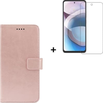 Hoesje Geschikt voor Motorola Moto G20 - Screenprotector Motorola Moto G20 - Hoes Motorola Moto G20 Wallet Bookcase Rose Goud + Tempered Glass