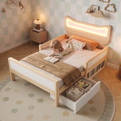 MODFU Kinderbed 90x200 cm – Kattenhoofdbord met RGB-LED – Met opberglade & open vakken – Rustieke stijl – Wit/eiken