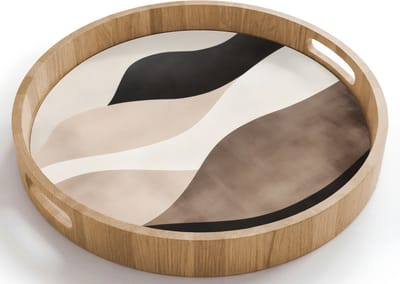 Dienblad rond 40x40 cm - Schootdienblad hout - Abstract - Landschap - Golven - Crèmekleur - Borrelplank rechthoek - Plateau houten dienbladen
