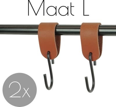 2x Leren S-haak hangers - Handles and more® | COGNAC - maat L (Leren S-haken - S haken - handdoekkaakje - kapstokhaak - ophanghaken)