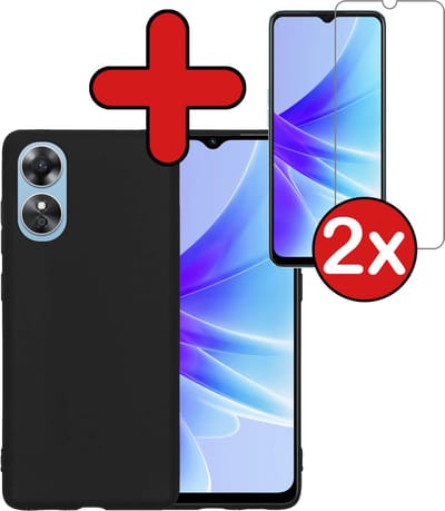 Hoesje - Met 2x Screenprotector - Geschikt voor OPPO A17 - Sterk & Shockproof - Telefoon Hoes - Back Cover - Siliconen Case - Telefoonhoes - Zwart