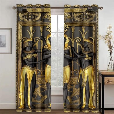 Oude Egypte Ogen Afrikaanse Farao Leeuw Zwart Goud Lichtfilterende Raambekleding Voor Woonruimte Slaapkamer Ruimte Raambekleding Decoratie W60H60(CM)x2PCS&Grommet Top