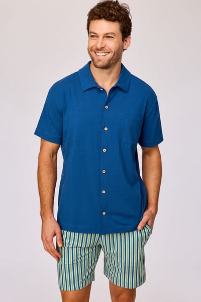 Pyjama heren woody str short hemd knopen