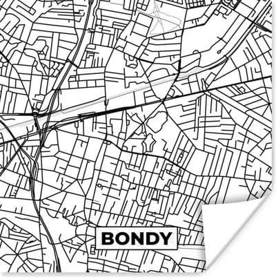 Poster Kaart - Bondy - Stadskaart - Frankrijk - Plattegrond - Zwart wit - 100x100 cm XXL