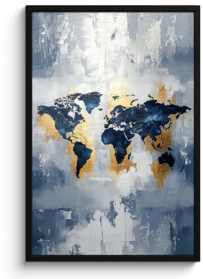 Poster in lijst - Fotolijst 60x90 cm - Posters - Wereldkaart - Blauw - Abstract - Posterlijst zwart - Decoratie - Wanddecoratie woonkamer - Muurdecoratie slaapkamer