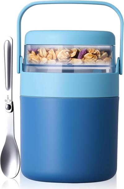 Famanu – Mueslibeker to go - 730 ml yoghurtbeker voor kinderen met lepel - muesli cup to go beker | onderverdeling voor yoghurt en muesli | geschikt voor vriezer - magnetron - vaatwasser