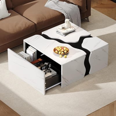 Geometric Coffee Table - Modern Table - Living Room Storage - Unique Wave Design - 70 x 70 cm - White
