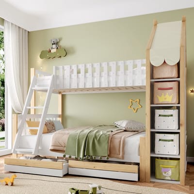 Stapelbed - 90x200 + 140x200 cm - Met Lades en Trap - Onregelmatige Reling - Hout - Wit en Naturel