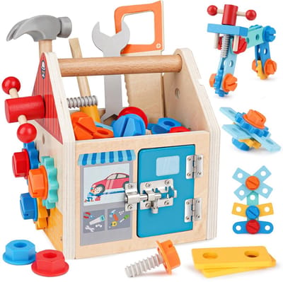 Houten Gereedschapskist Voor Kinderen - Simulatie Onderhoud Gereedschap Reparatie Speelgoed - Montessori Schuifpuzzel Kinderen Fantasiespel Speelgoed Cadeau Vanaf 3 Jaar